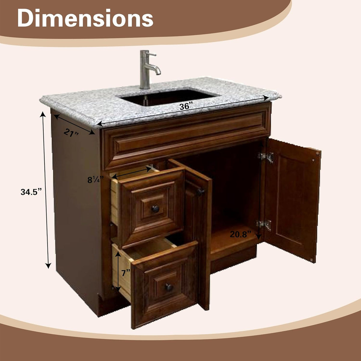 36" Maple Walnut Bathroom Vanity Base â Ready-to-Assemble Sink Cabinet with Drawers, Shaker Style Storage, Base Only, No Top or Sink