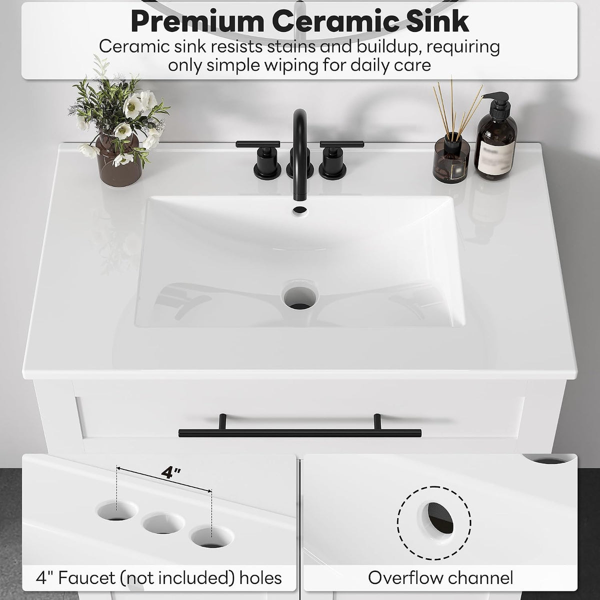LIKIMIO 30" Bathroom Vanity with Sink, 1 U-Shaped Drawer & 2 Doors, White