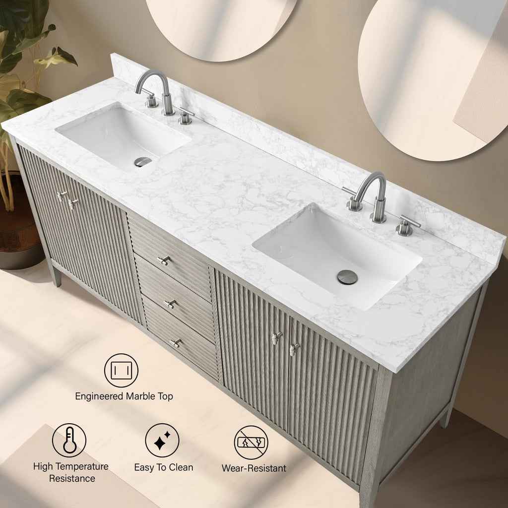 Vanity Art 84 inch Bathroom Vanity with Double Sink & Ceramic Top, Vanity Cabinet with Soft-Closing Door, Solid Wood Frame, Linear Pattern, Walnut, Golden Brushed Handware,Vintage Green