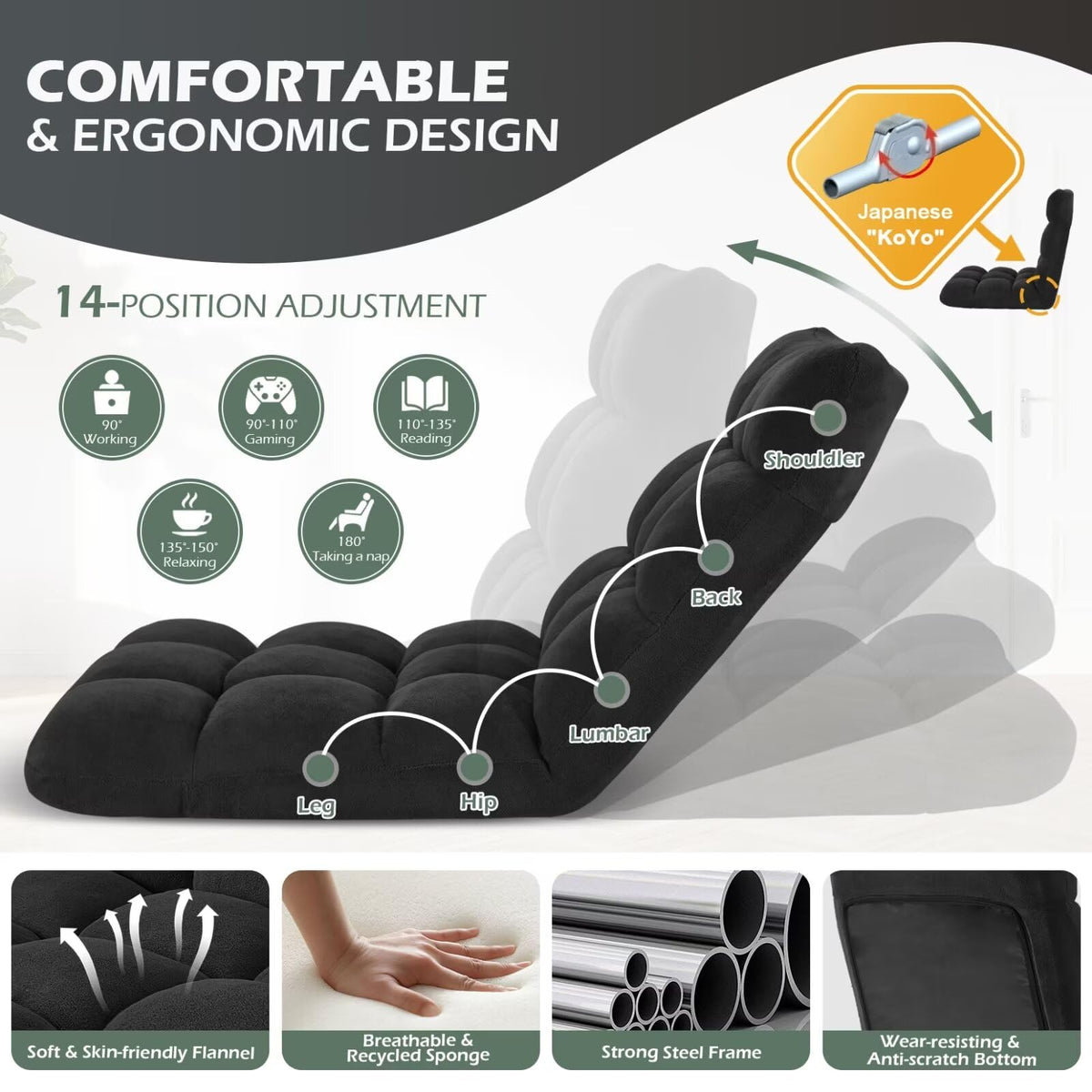 Folding Floor Gaming Chair 14-Poistion Cushioned Adjustable Floor Lazy Sofa Chair w/Breathable Cotton & Skin-Friendly Velvet for Adults & Kids Perfect for Reading Gaming Meditating, Darkblue