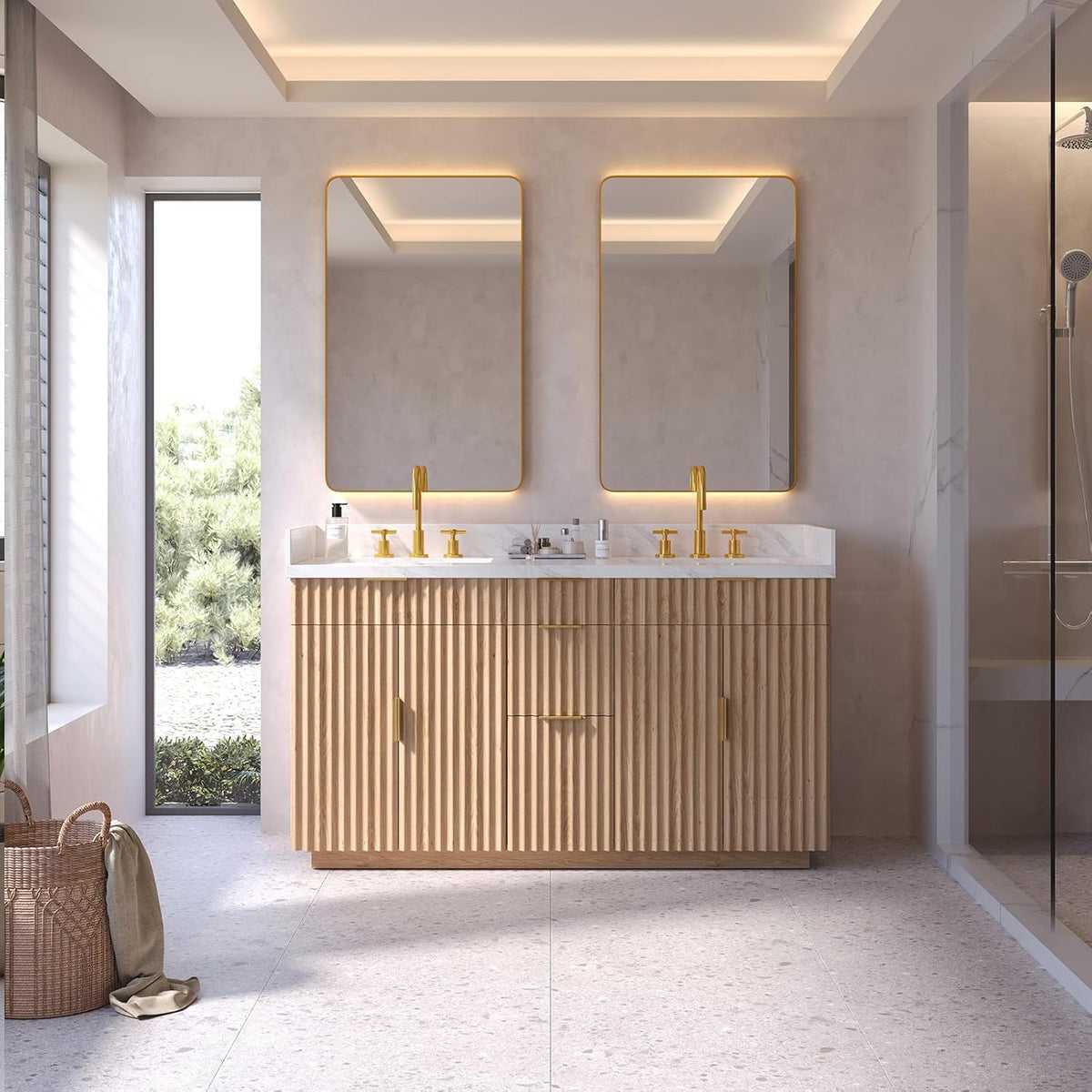 60 Inch Bathroom Vanity Double Sink, Solid Oak Wood, Quartz Top