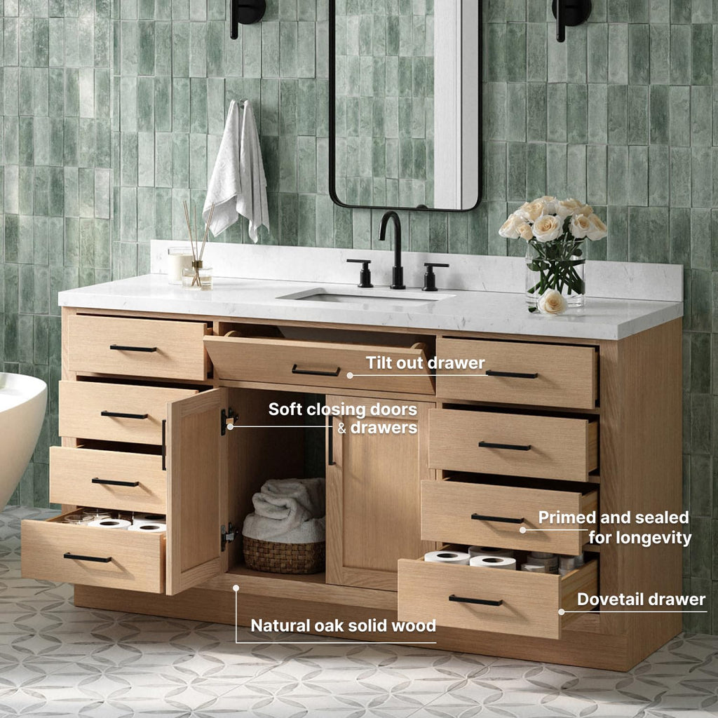 ARIEL Hepburn 66-inch Bathroom Vanity with Sink,Solid Wood, 1.5-inch Pure White Quartz Countertop & Backsplash, Single Rectangular Porcelain Sink, 2 Soft Closing Doors, 9 Dovetail Drawers, White