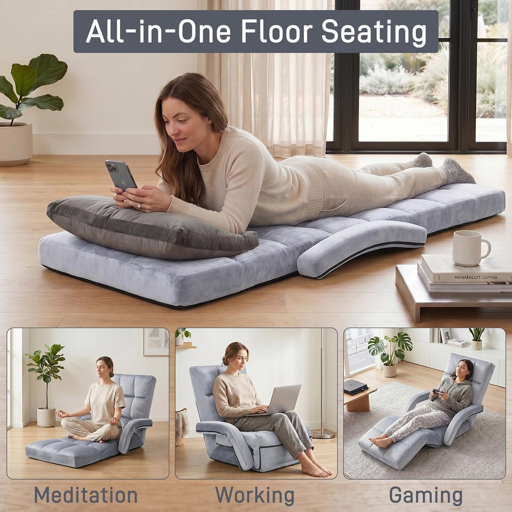 Velvet Adjustable Floor Gaming Chair with 14-Positions, Folding Floor Chair with Back Support, Indoor Floor Chairs with Armrest for Living Room, Bedroom, Balcony, Grey
