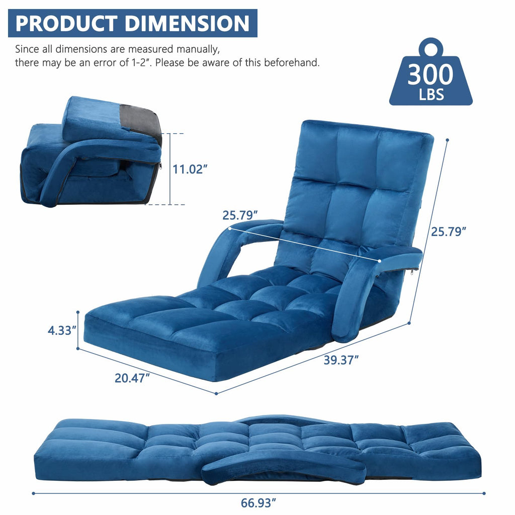 Velvet Adjustable Floor Gaming Chair with 14-Positions, Folding Floor Chair with Back Support, Indoor Floor Chairs with Armrest for Living Room, Bedroom, Balcony, Grey