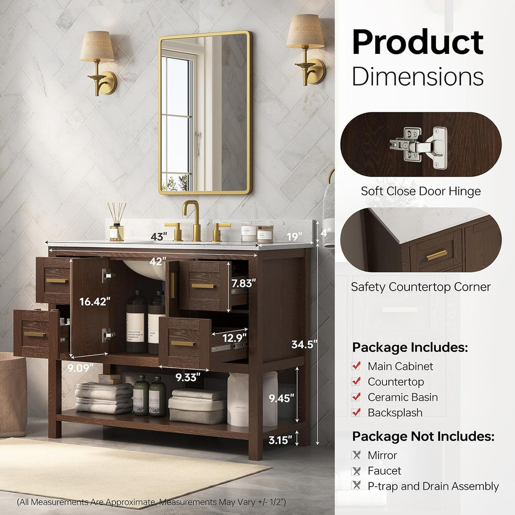 42 Inch Bathroom Vanity with Sink, Fully-Assembled, Walnut