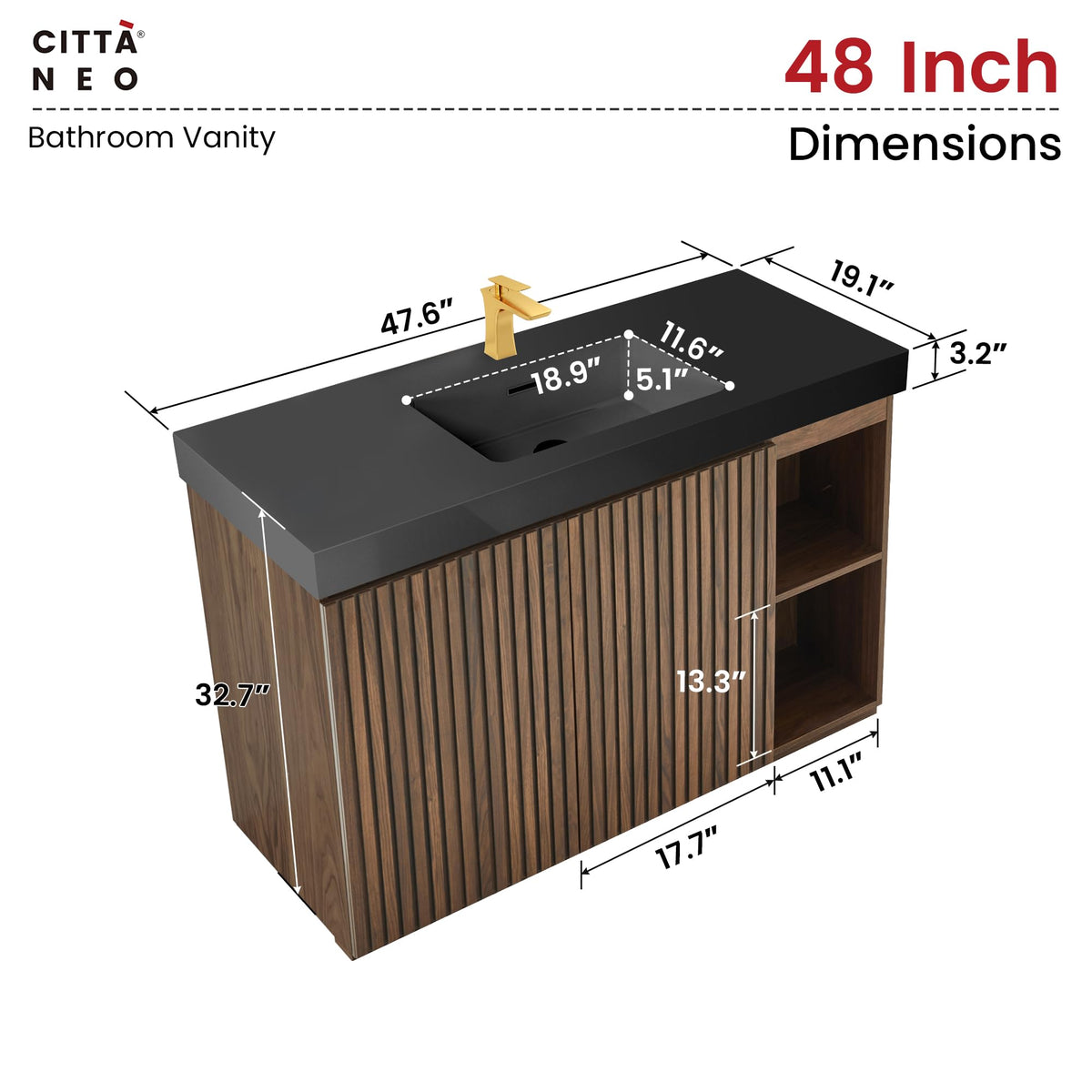 36â Modern Bathroom Vanity with Black Sink, Smoked Brown