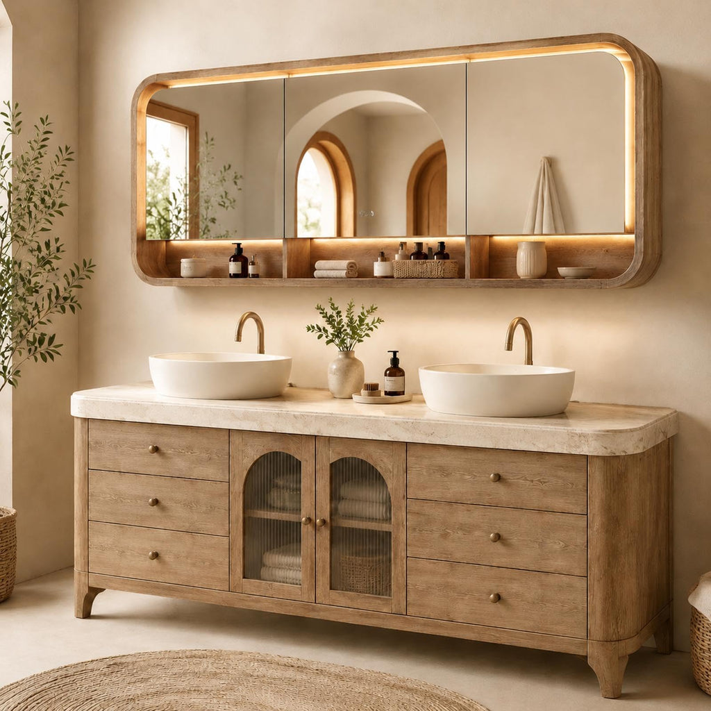 76 IN Freestanding Double Bathroom Vanity with Vessel Sinks & LED Mirror