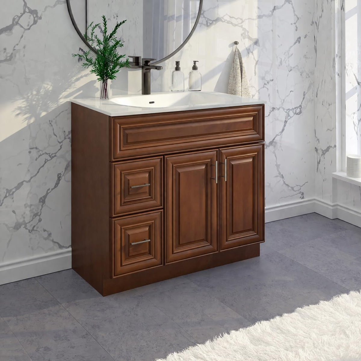 36" Maple Walnut Bathroom Vanity Base â Ready-to-Assemble Sink Cabinet with Drawers, Shaker Style Storage, Base Only, No Top or Sink