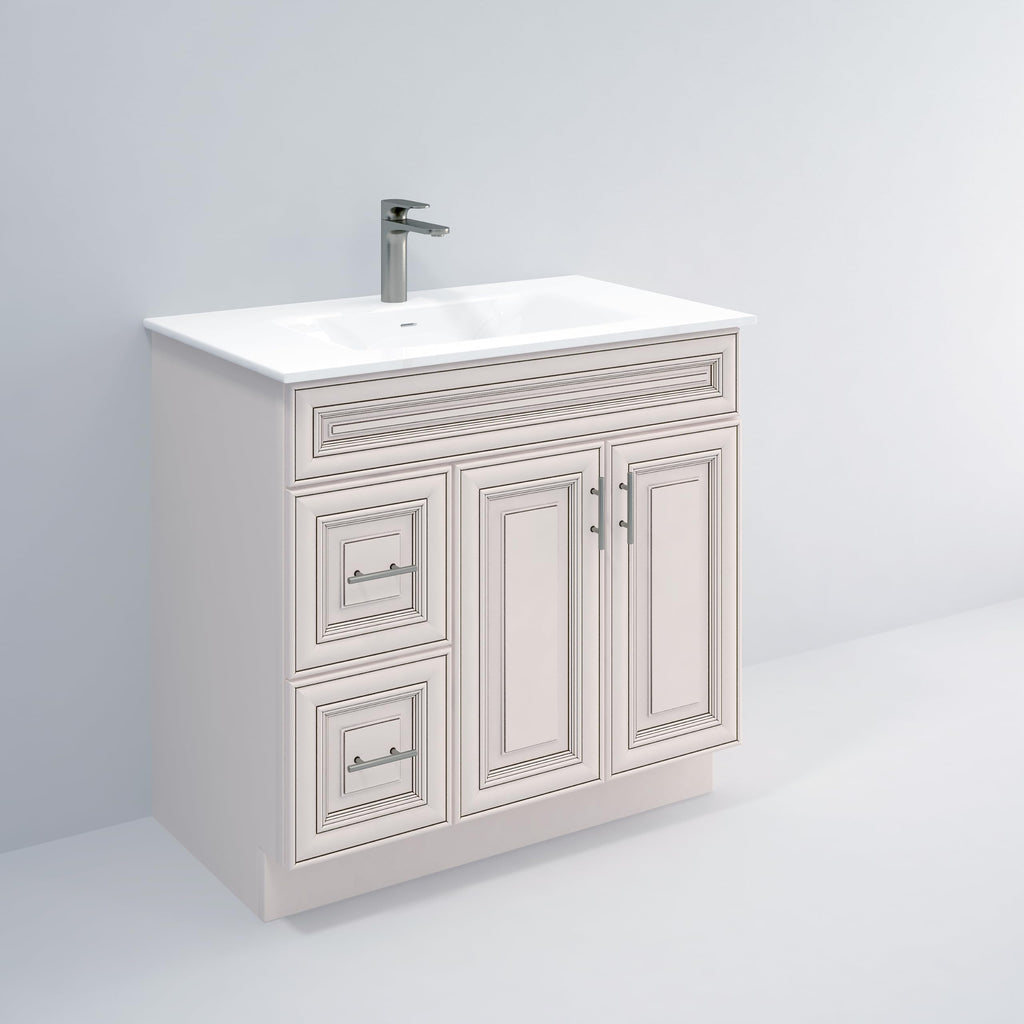 36" Maple Walnut Bathroom Vanity Base â Ready-to-Assemble Sink Cabinet with Drawers, Shaker Style Storage, Base Only, No Top or Sink