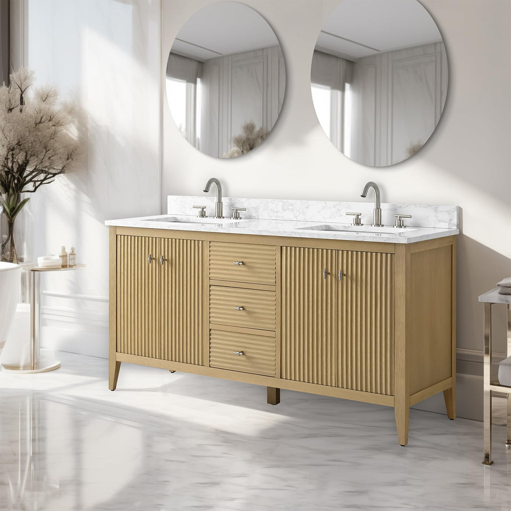Vanity Art 84 inch Bathroom Vanity with Double Sink & Ceramic Top, Vanity Cabinet with Soft-Closing Door, Solid Wood Frame, Linear Pattern, Walnut, Golden Brushed Handware,Vintage Green