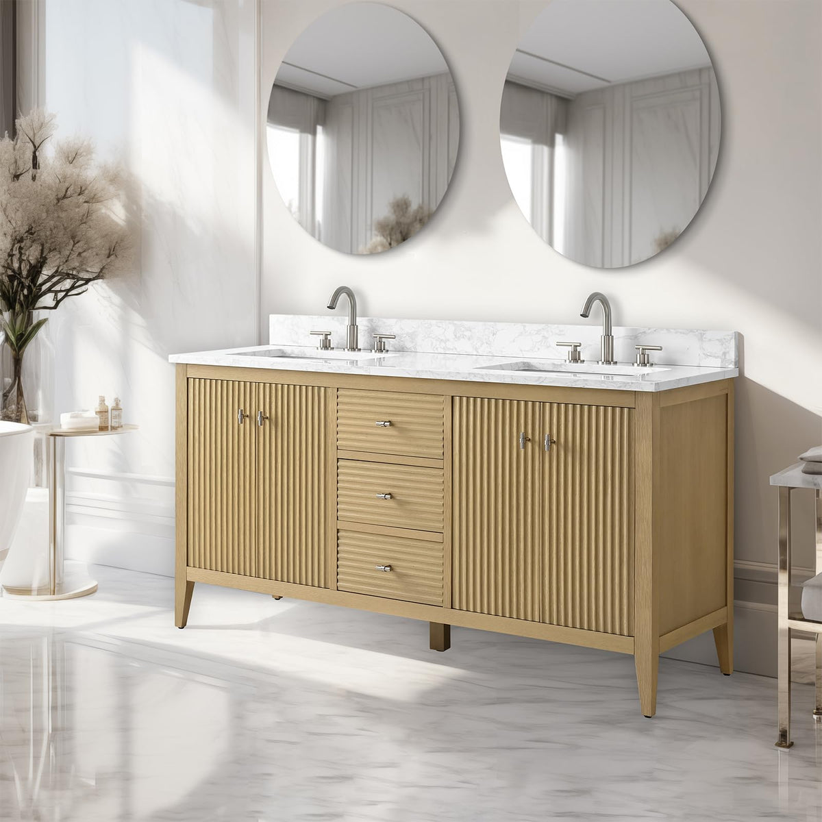 Vanity Art 84 inch Bathroom Vanity with Double Sink & Ceramic Top, Vanity Cabinet with Soft-Closing Door, Solid Wood Frame, Linear Pattern, Walnut, Golden Brushed Handware,Vintage Green