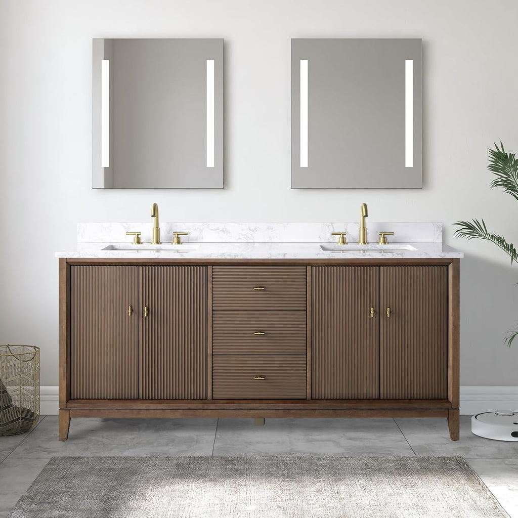 Vanity Art 72" Bathroom Vanity with Double Sink & Arabescato White Engineered Stone Top, Vanity Cabinet with Soft Closing Door, Solid Wood Frame, Golden Brushed Handles, Walnut VA8172D-Walnut-GB