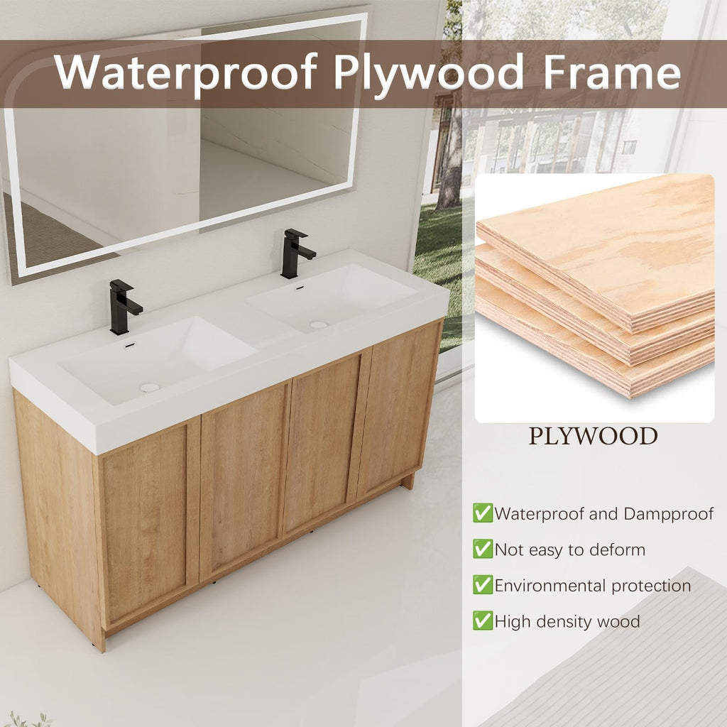 70" Double Sink Bathroom Vanity with Resin Basin, Faux Oak Finish