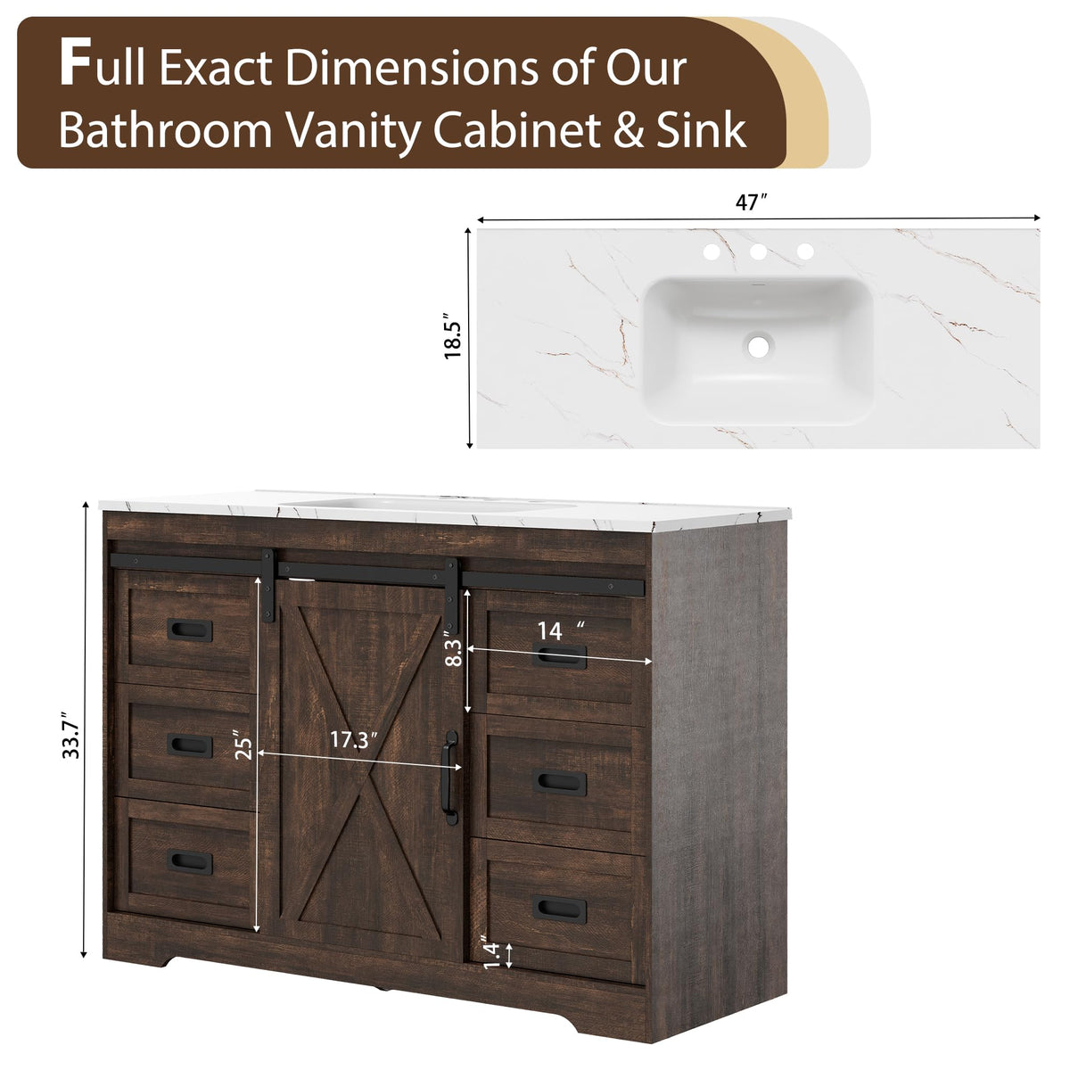 36 Inch Bathroom Vanity with Sink, Saw Cut Brown