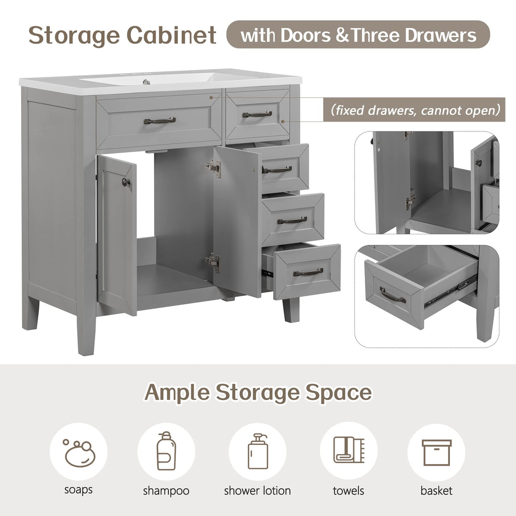 36 Inch Bathroom Vanities with Undermount Ceramic Sink, Storage Cabinet with Soft Closing Doors and Three Drawers, Solid Wood Frame, Natural Wood