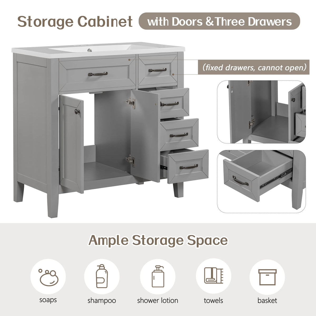 36 Inch Bathroom Vanities with Undermount Ceramic Sink, Storage Cabinet with Soft Closing Doors and Three Drawers, Solid Wood Frame, Natural Wood