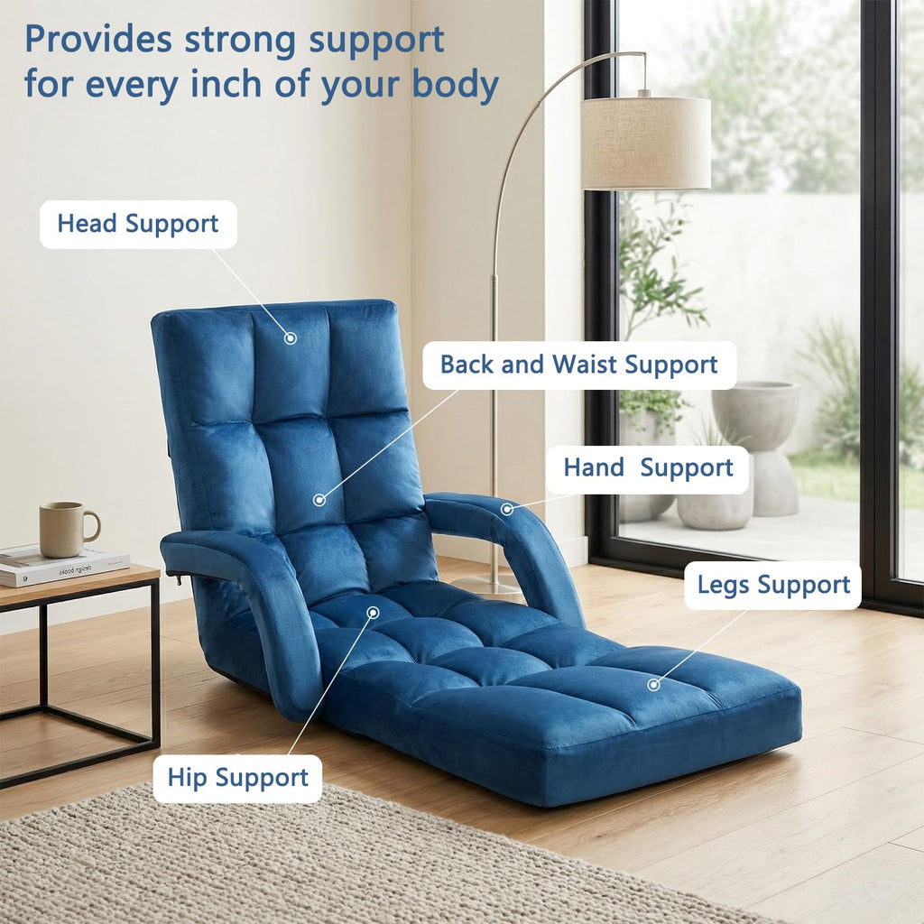 Velvet Adjustable Floor Gaming Chair with 14-Positions, Folding Floor Chair with Back Support, Indoor Floor Chairs with Armrest for Living Room, Bedroom, Balcony, Grey