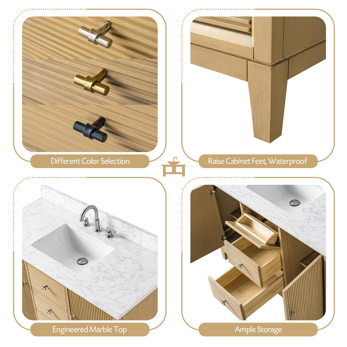 Vanity Art 72" Bathroom Vanity with Double Sink & Arabescato White Engineered Stone Top, Vanity Cabinet with Soft Closing Door, Solid Wood Frame, Golden Brushed Handles, Walnut VA8172D-Walnut-GB