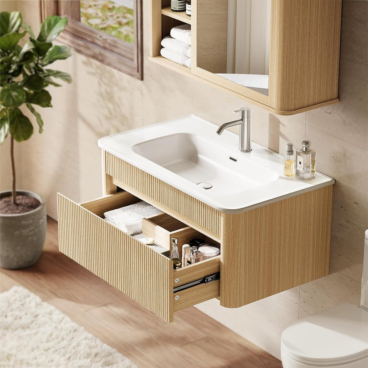 ModernMate 30 Inch Floating Bathroom Vanity with Ceramic Sink Combo, Solid Wood Curved Frame, Fluted Modern Wall Mounted Single Cabinet, Smart Storage, Soft-Close Drawer, Easy Assembly, Oak