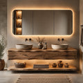 52 in Floating Double Bathroom Vanity with Vessel Sinks & LED Mirror Cabinet