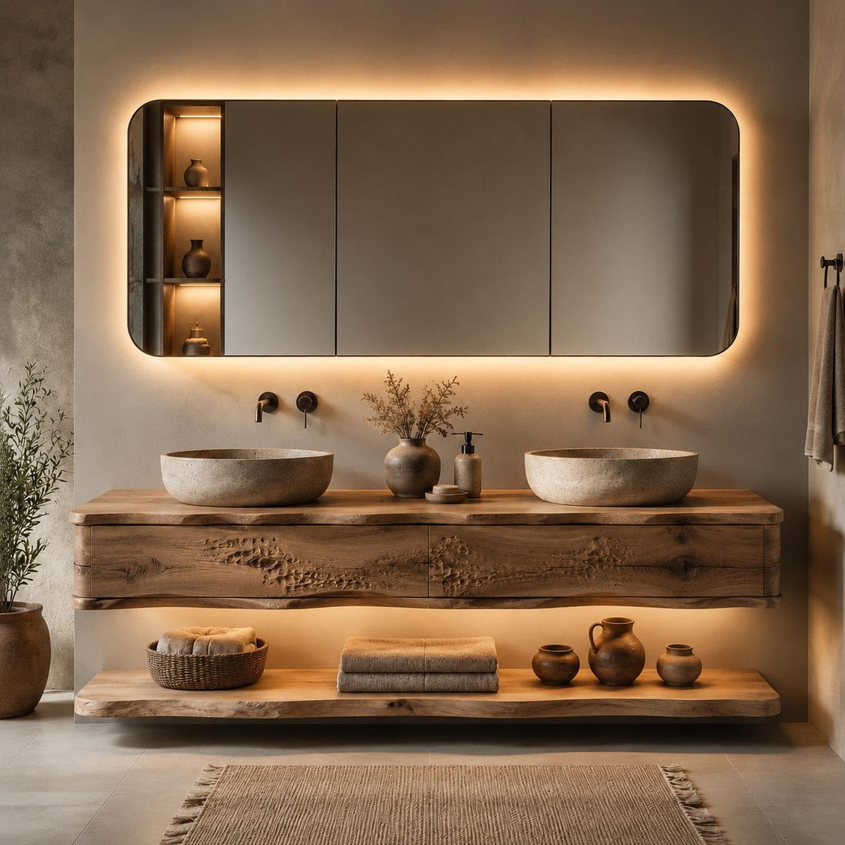 52 in Floating Double Bathroom Vanity with Vessel Sinks & LED Mirror Cabinet