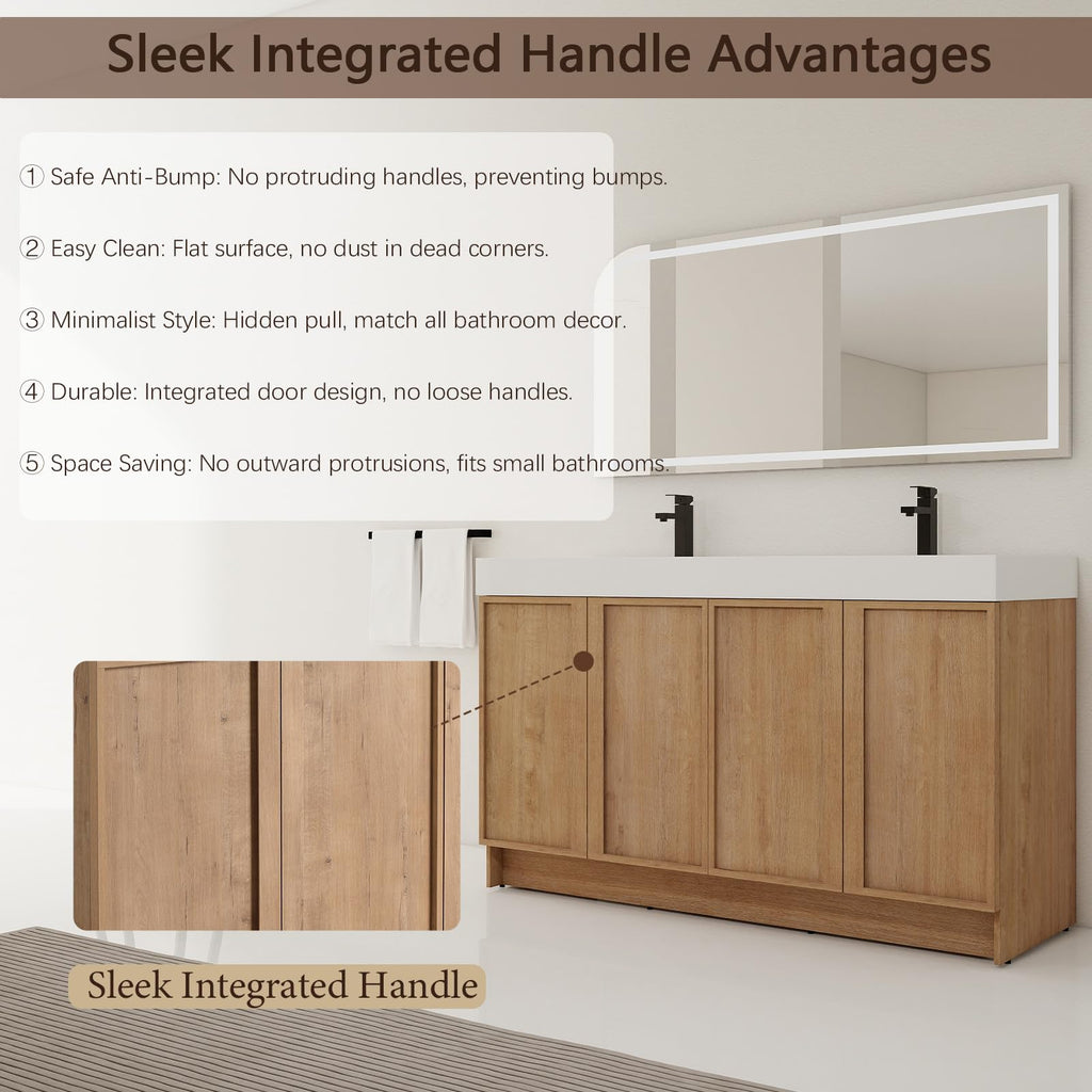 70" Double Sink Bathroom Vanity with Resin Basin, Faux Oak Finish