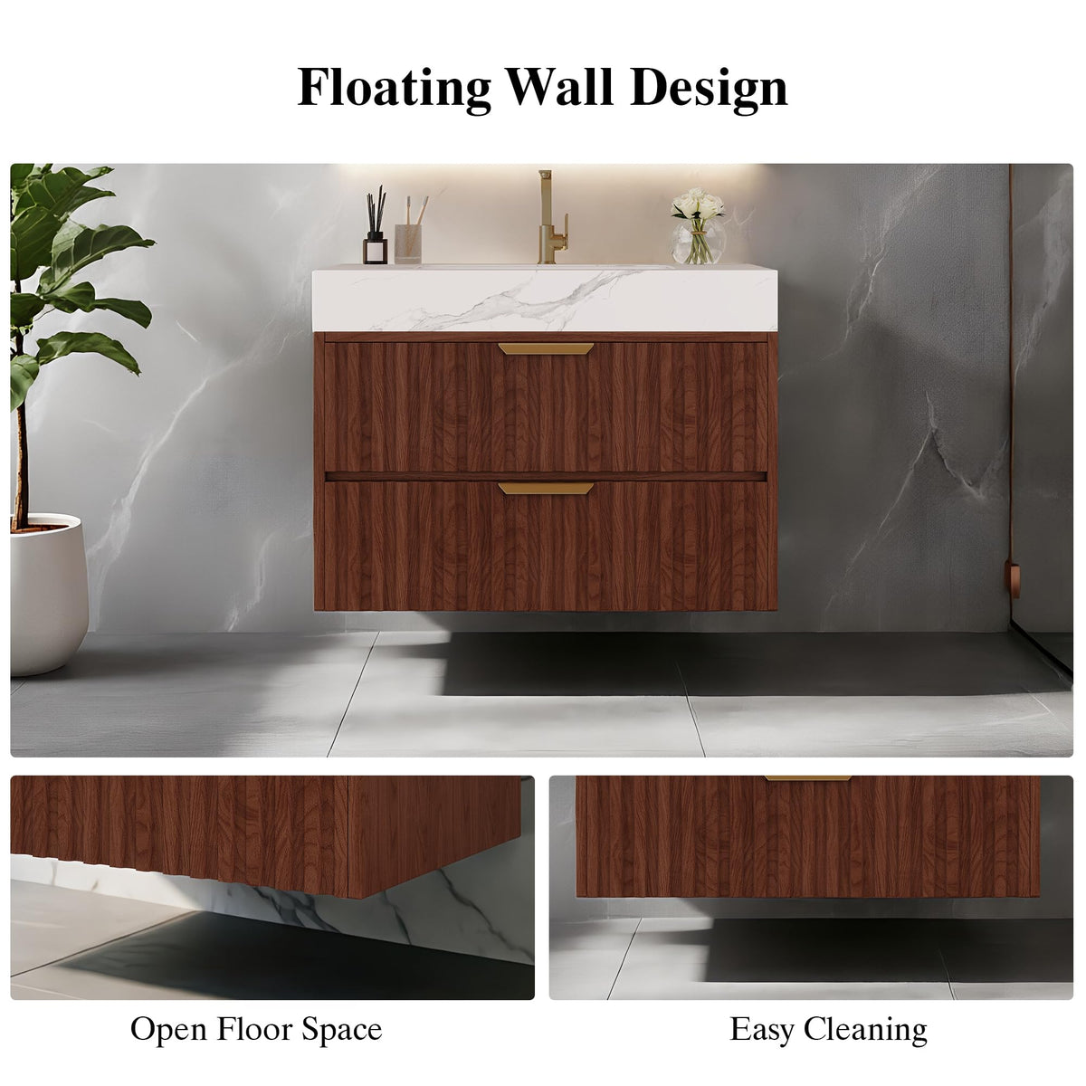 36 Inch Bathroom Vanity with Sink, Black Floating Wall Mounted Vanity
