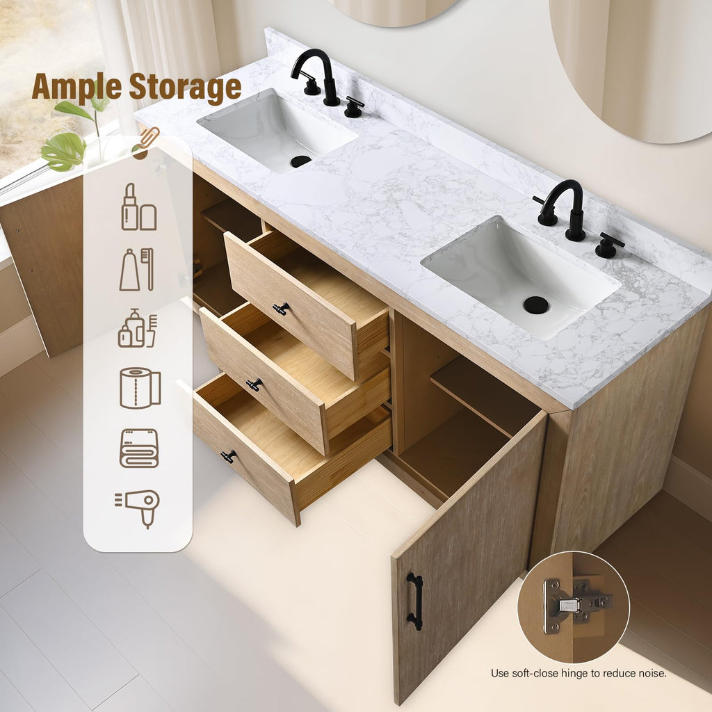 HOMEBEYOND 72" Bathroom Vanity with Double Sink & Ceramic Top, MDF Material Vanity Cabinet with Basin Combo, Soft-Closing Doors, Removable Shelf, Backsplash, Tan