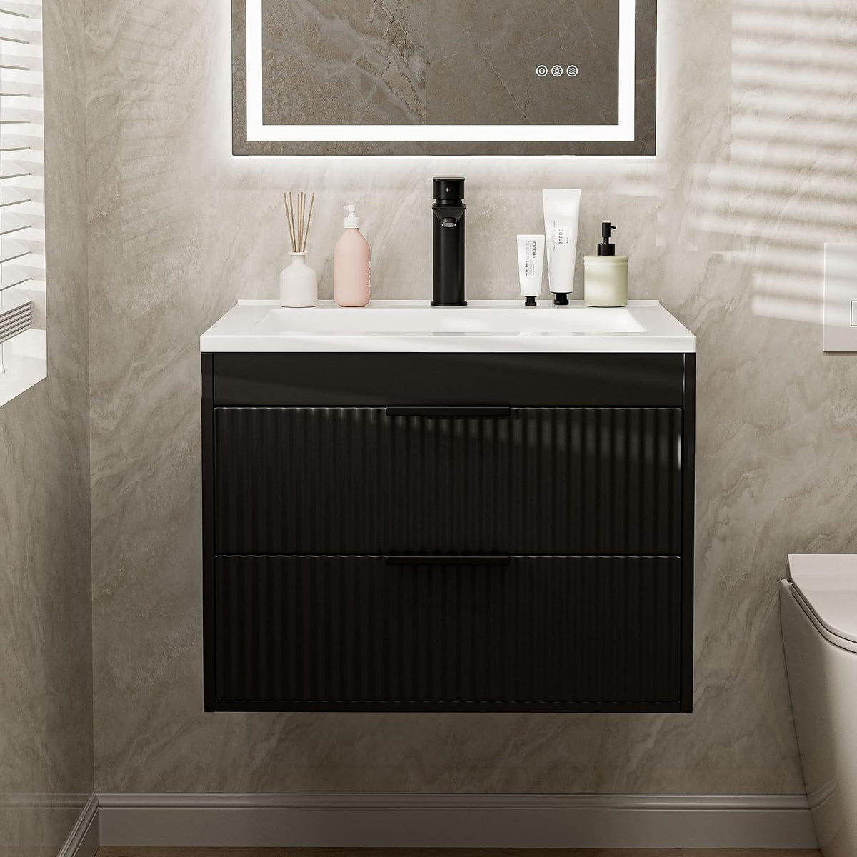 24 Inches Modern MDF Bathroom Vanity with Sink, Wall Mounted Floating Cabinets w/Double Drawers, Black Handles, White Resin Sink Combo Set (Black, 24")