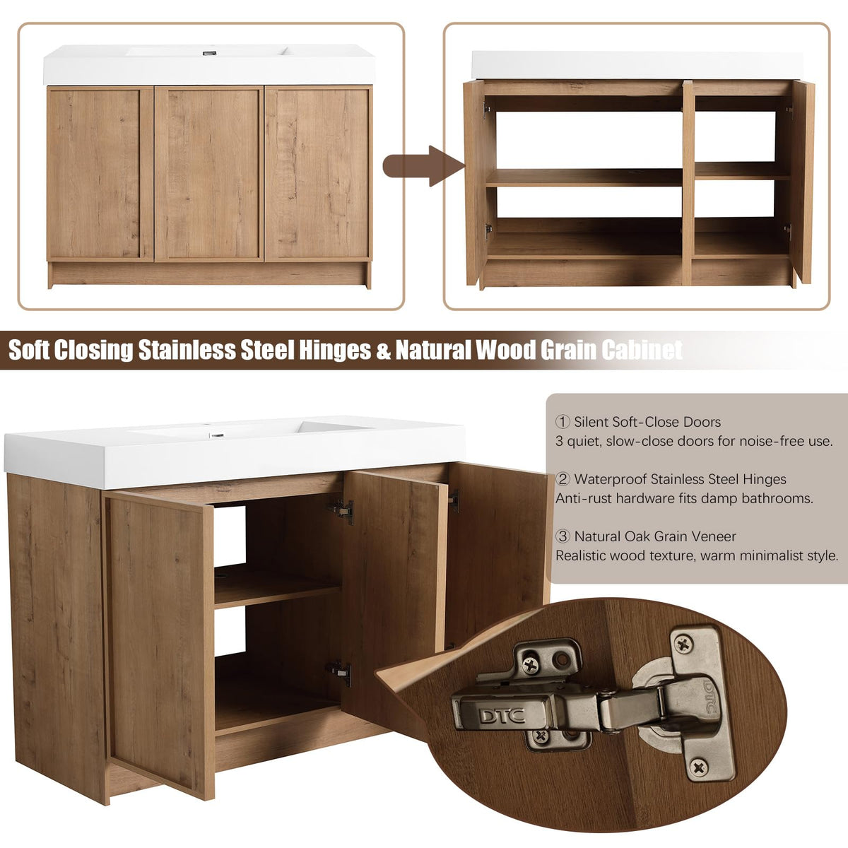 70" Double Sink Bathroom Vanity with Resin Basin, Faux Oak Finish