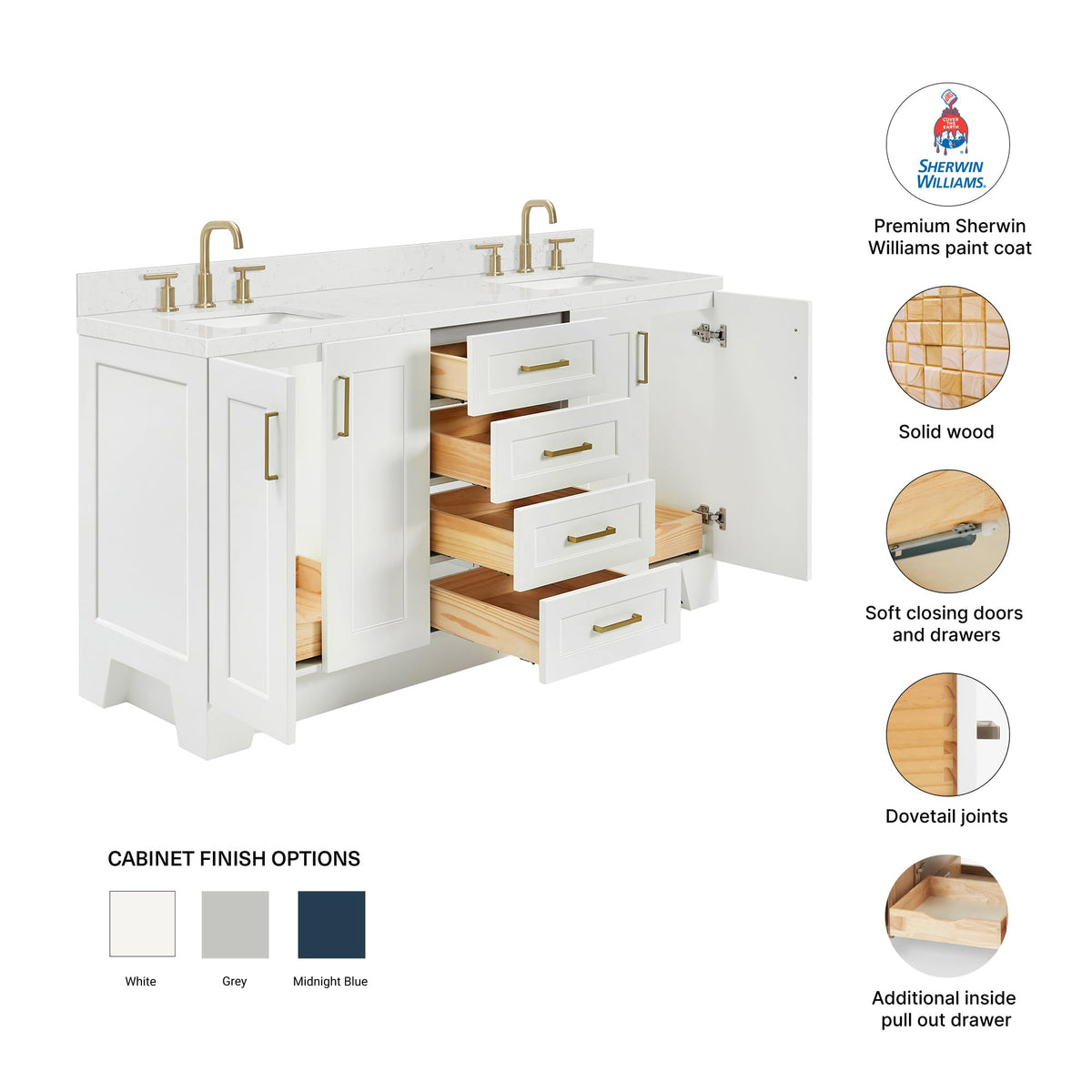 DKB Isabella 66" White Double Bathroom Vanity with 1.5" Carrara Quartz Countertop, Double Rectangular Undermount Sinks, 4 Soft Closing Doors, 6 Dovetail Drawers