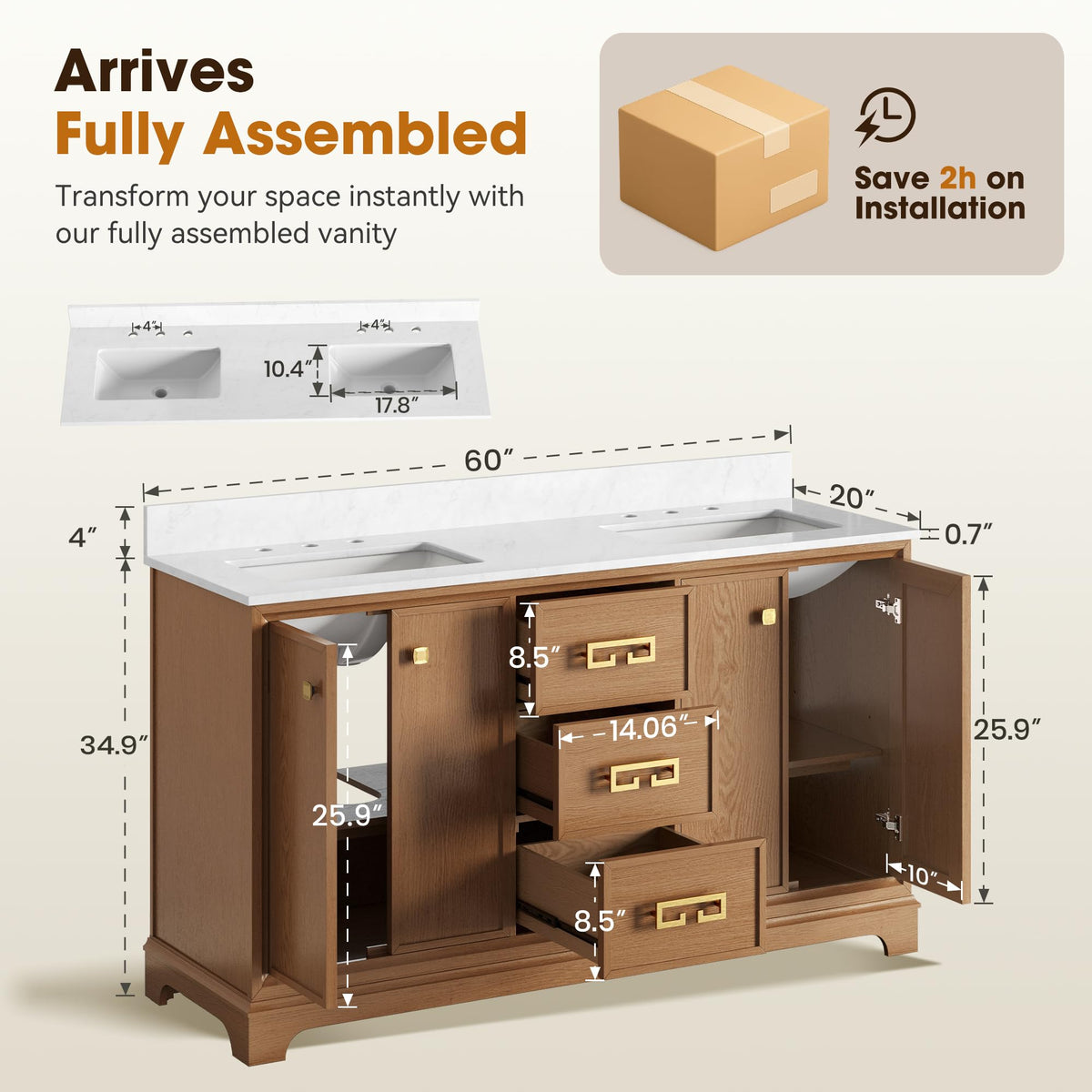 72 Inch Double Sink Bathroom Vanity Solid Wood, Fully Assembled