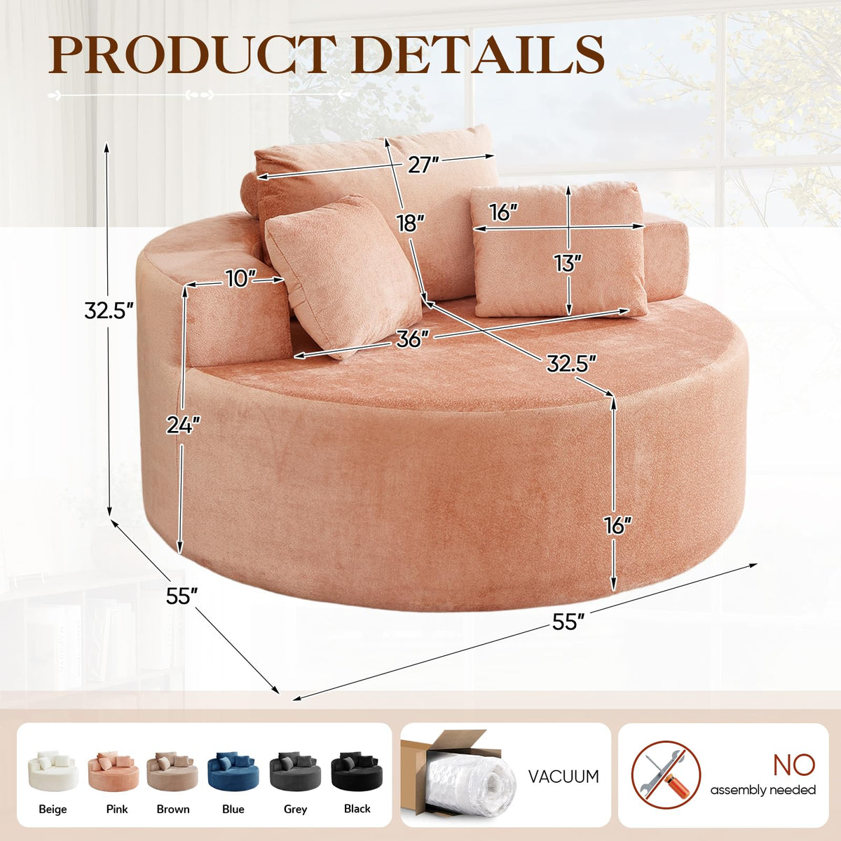 Oversized Round Chaise Longue Chair Indoor, Modern 55-inch Upholstered Corduroy Deep Seat Circle Single Cloud Lounge Floor Sofa Chair for Living Room, Bedroom Apartment, Beige