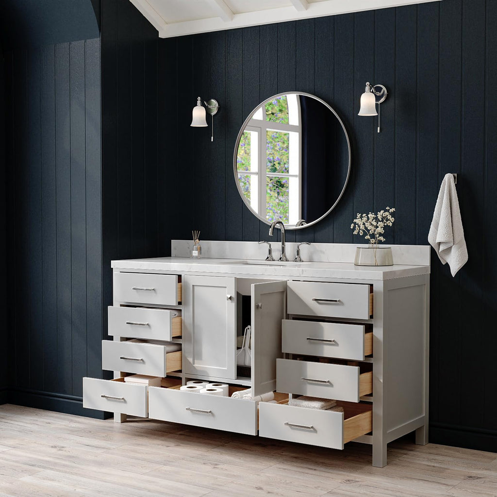 ARIEL Cambridge 66-inch Bathroom Vanity with Sink,Solid Wood, 1.5-inch Italian Carrara Marble Countertop, Single Rectangular Porcelain Sink, 2 Soft Closing Doors, 9 Dovetail Drawers, Midnight Blue