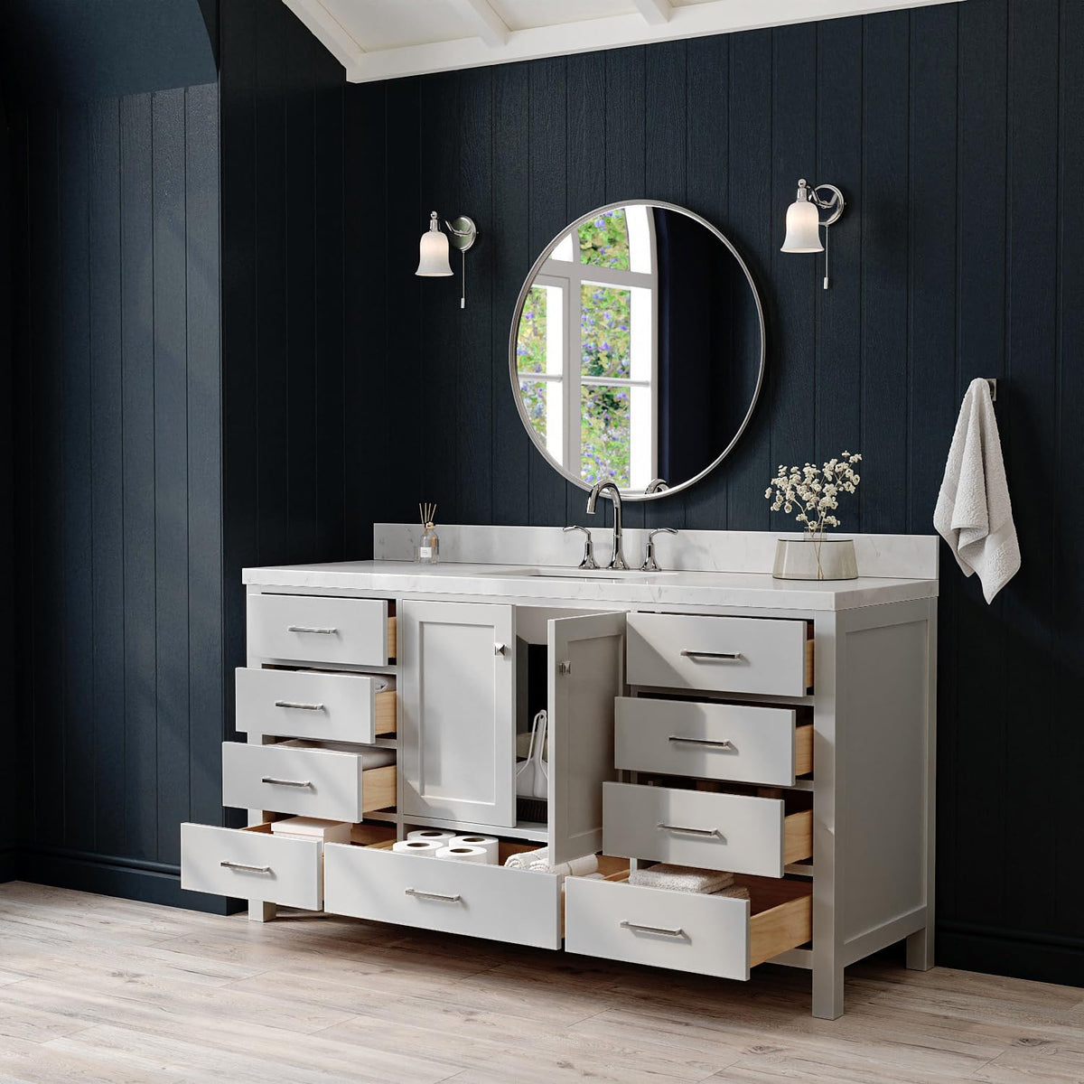ARIEL Cambridge 66-inch Bathroom Vanity with Sink,Solid Wood, 1.5-inch Italian Carrara Marble Countertop, Single Rectangular Porcelain Sink, 2 Soft Closing Doors, 9 Dovetail Drawers, Midnight Blue