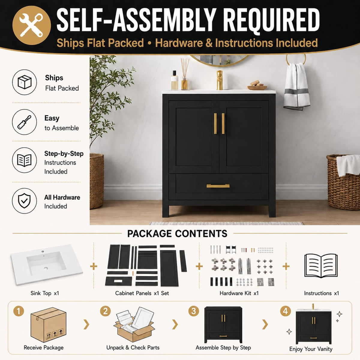 36 Inch Modern Bathroom Vanity with Sink, Black