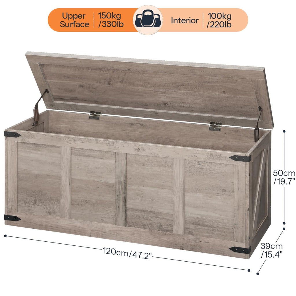 HOOBRO 47.2âStorage Bench Large, Toy Box with 2 Safety Hinges, Farmhouse Wooden Storage Chest, Easy Assembly for Bedroom, Living Room, Entryway, White and Walnut WH520CW01