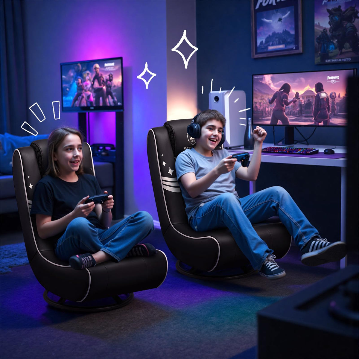 GTPLAYER Floor Gaming Chair Foldable Swivel Floor Chairs for Kids Boys Comfy Video Game Seat with 360Â° Multipurpose for Gamers, Bedroom or Game Room(Black-Blue)
