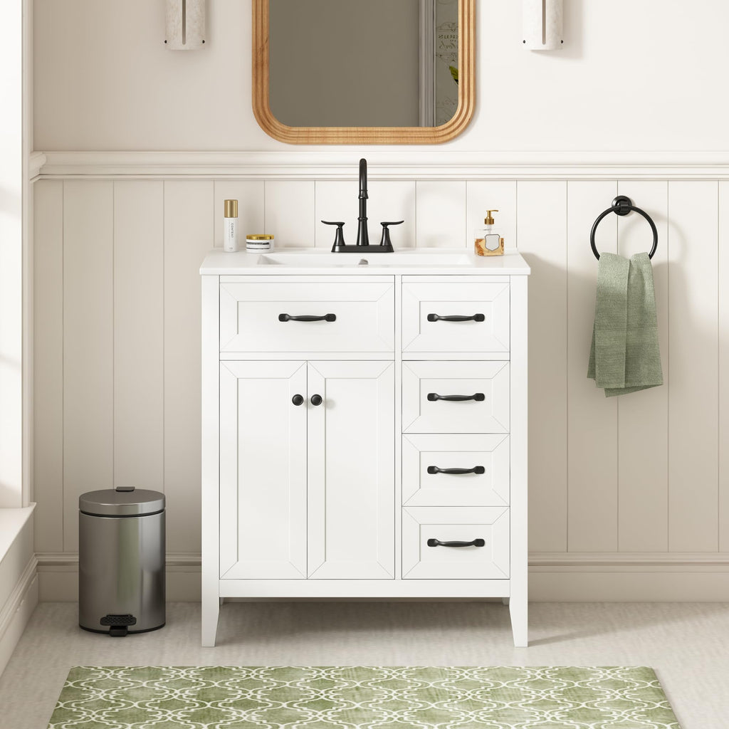 36 Inch Bathroom Vanities with Undermount Ceramic Sink, Storage Cabinet with Soft Closing Doors and Three Drawers, Solid Wood Frame, Natural Wood