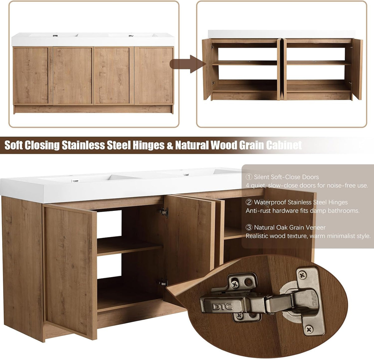 70" Double Sink Bathroom Vanity with Resin Basin, Faux Oak Finish