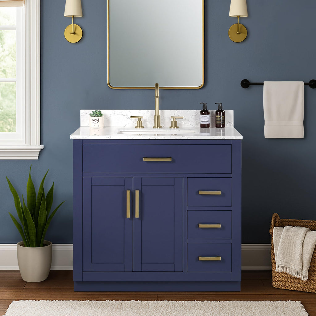 48-inch Dark Walnut Bathroom Vanity with Sink, Solid Wood, 0.79-inch Stone Countertop and Backsplash, 9 Drawers, 2 Soft Closing Doors