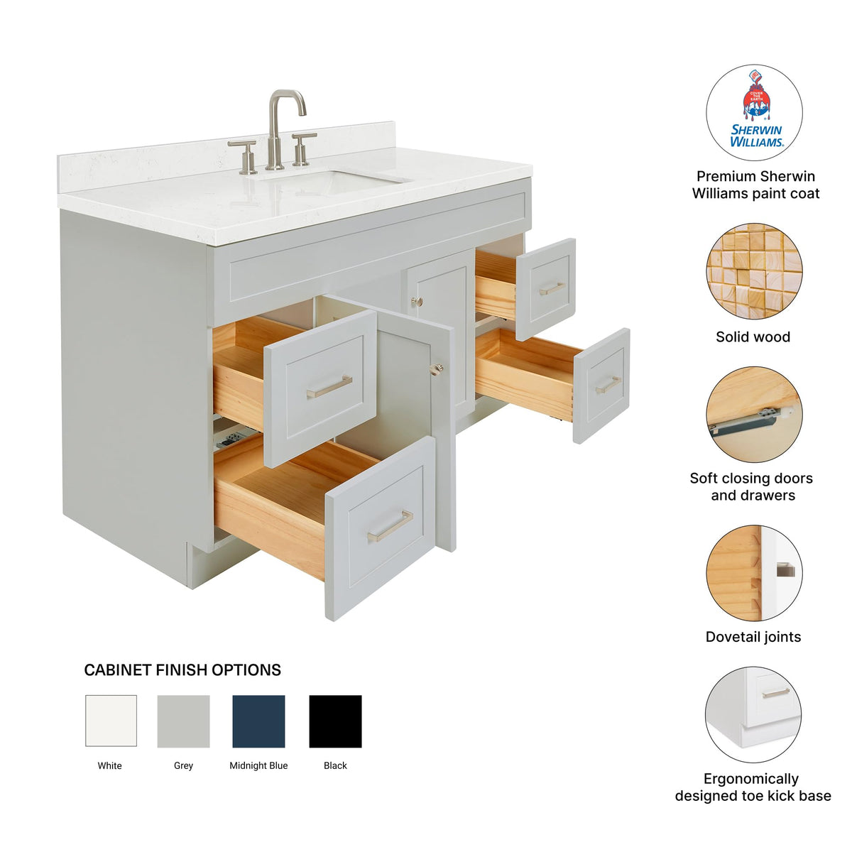 DKB Isabella 60 Inch Bathroom Vanity Single Sink â White Bathroom Vanity with Sink, 1.5" Edge Carrara White Quartz Countertop, Solid Wood, 2 Soft-Close Doors, 8 Dovetail Drawers + Tilt Drawer
