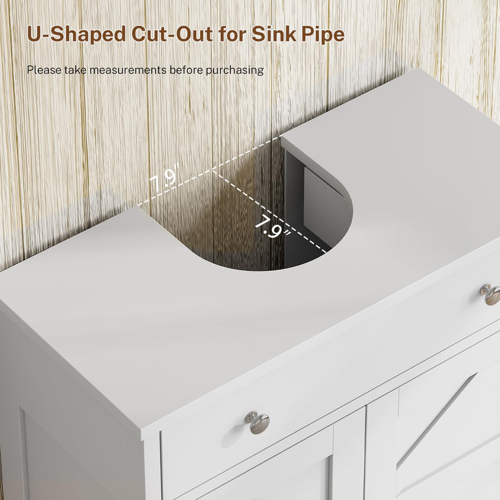 TEENFON Pedestal Sink Storage Cabinet with 2 Doorsand Drawer, Bathroom Sink Cabinet, Under Sink Storage with U-Shape Cut-Out, White