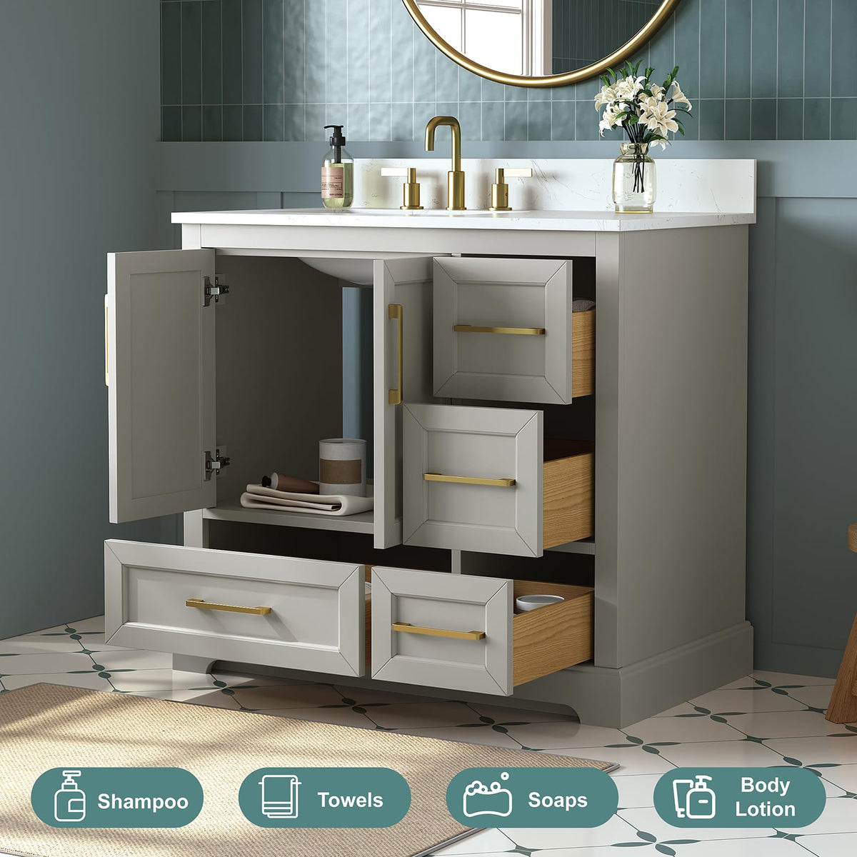 60 Inch Bathroom Vanity with Double Sink Combo, Greige