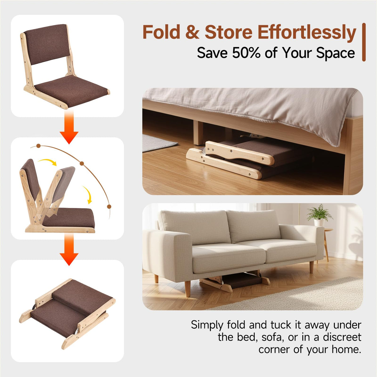 Tiita 2-Pack Foldable Meditation Floor Chairs with Back Support, Wood Grey