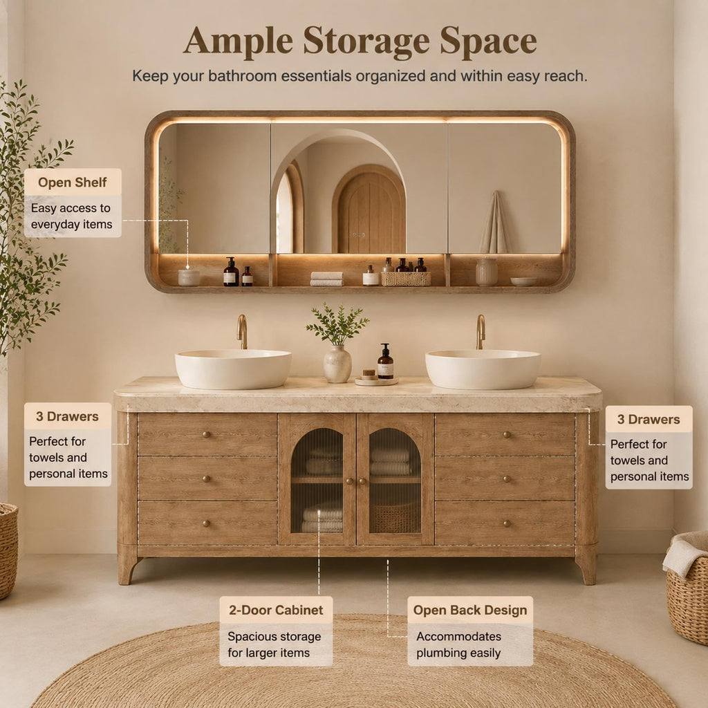 76 IN Freestanding Double Bathroom Vanity with Vessel Sinks & LED Mirror