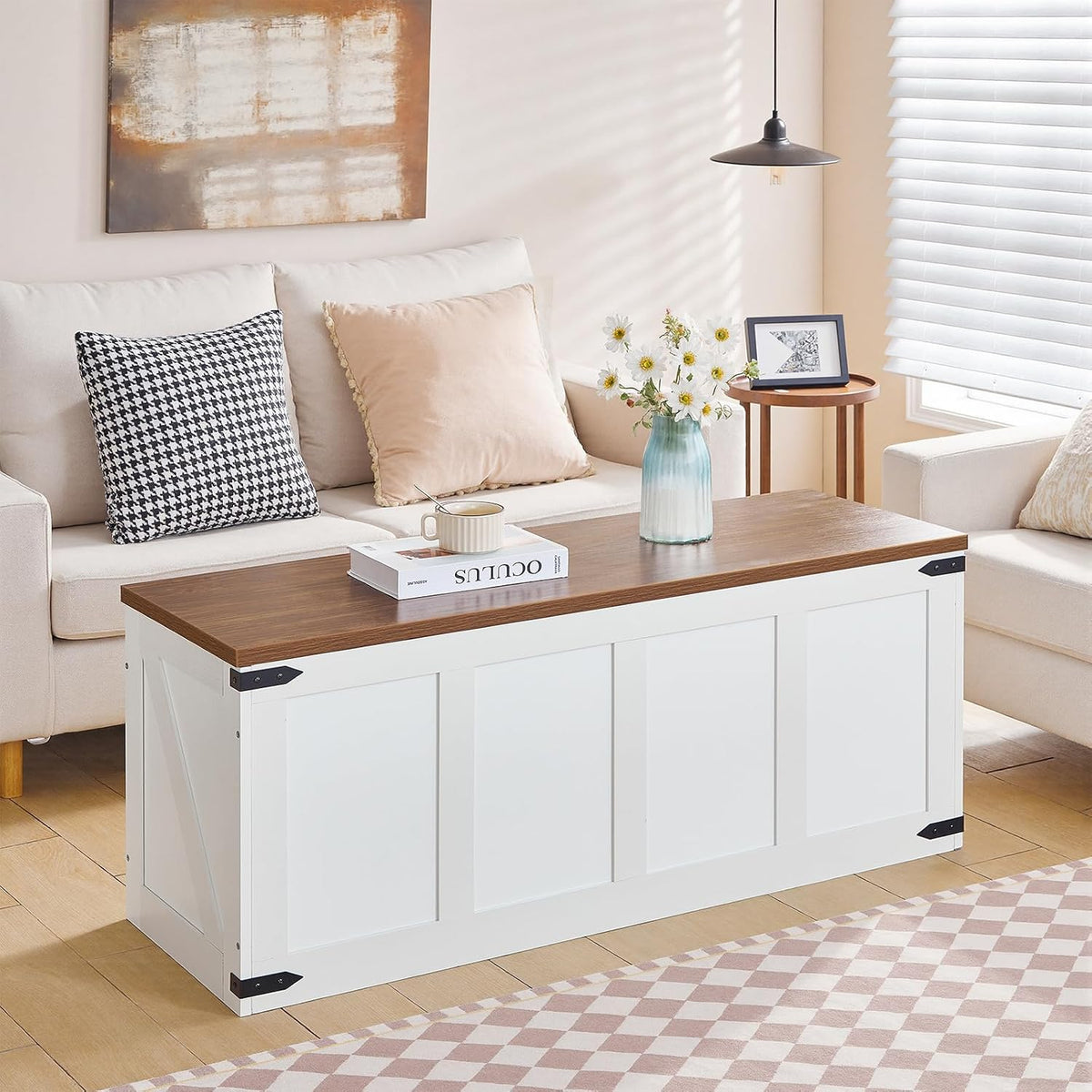 HOOBRO 47.2âStorage Bench Large, Toy Box with 2 Safety Hinges, Farmhouse Wooden Storage Chest, Easy Assembly for Bedroom, Living Room, Entryway, White and Walnut WH520CW01