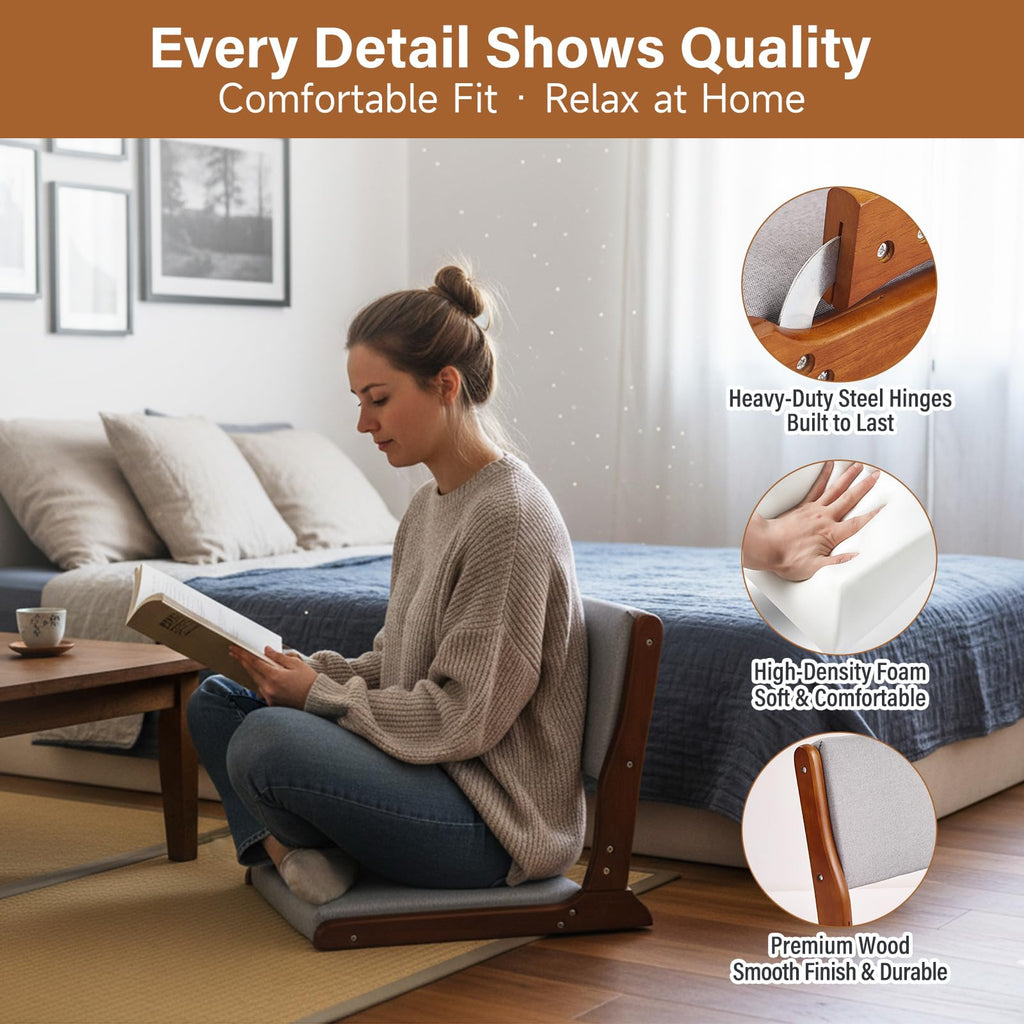 Tiita 2-Pack Foldable Meditation Floor Chairs with Back Support, Wood Grey