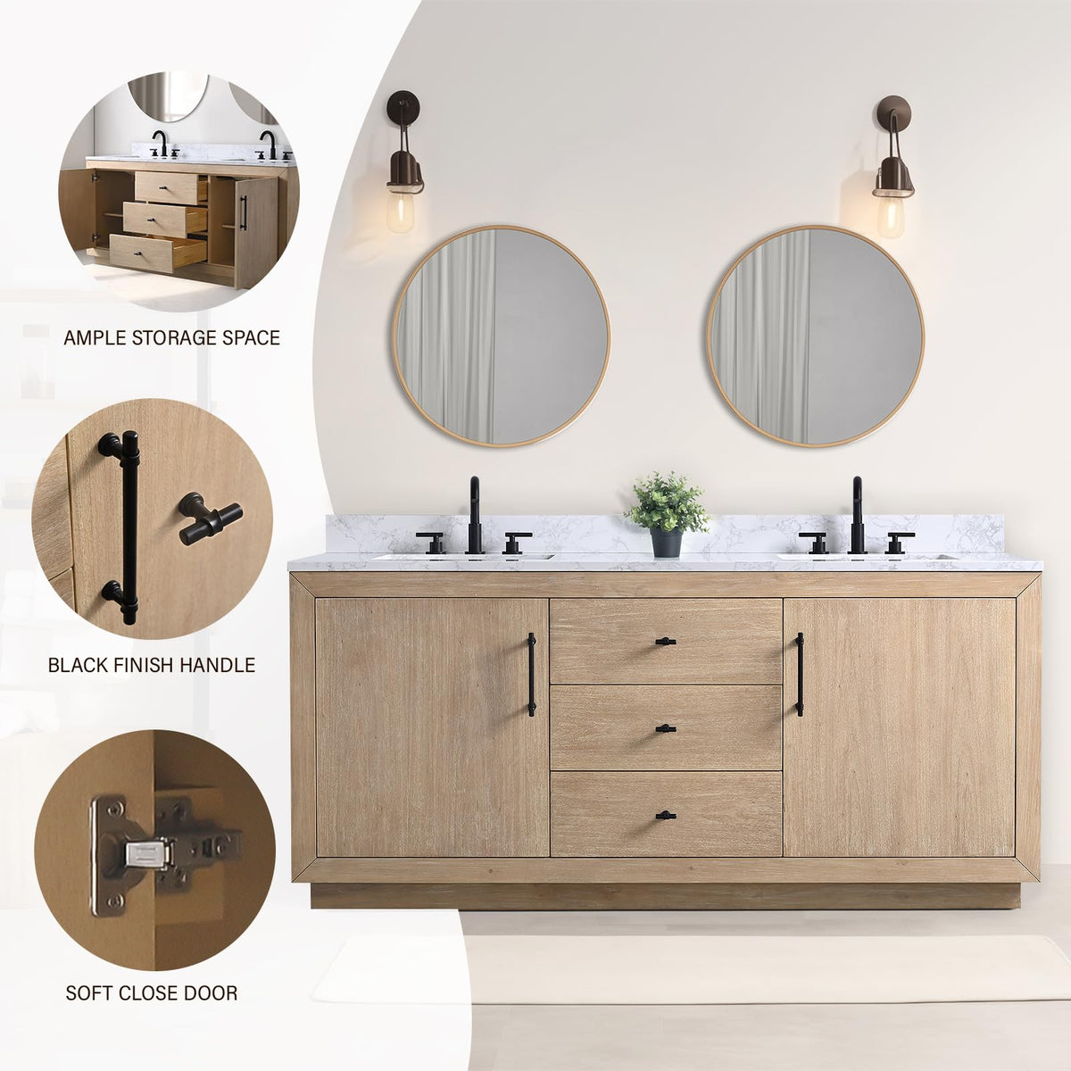 HOMEBEYOND 72" Bathroom Vanity with Double Sink & Ceramic Top, MDF Material Vanity Cabinet with Basin Combo, Soft-Closing Doors, Removable Shelf, Backsplash, Tan