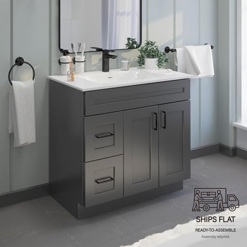 36" Maple Walnut Bathroom Vanity Base â Ready-to-Assemble Sink Cabinet with Drawers, Shaker Style Storage, Base Only, No Top or Sink